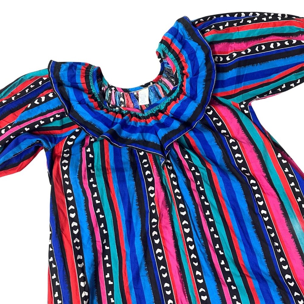Vintage Striped Ruffle Dress Muumuu Cotton Pockets Made In USA Bright Petite